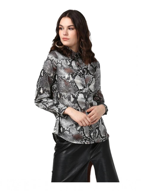 Generic Women's Satin Animal Print Long Sleeves Standard Length Shirt (Black - Grey)