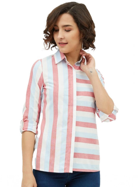 Generic Women's Cotton Striped Long Sleeves Standard Length Shirt (Pink)