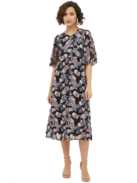 Generic Women's Polyester Chain Print Cap Sleeve Calf-length Dress (Multicolor)