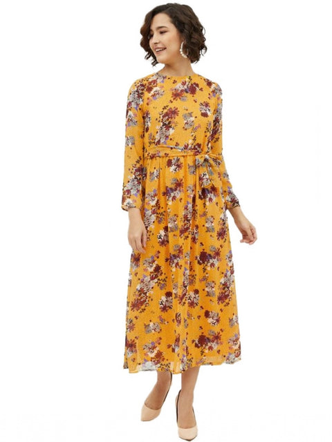 Generic Women's Polyester Floral Long Sleeves Calf-length Dress (Multicolor)