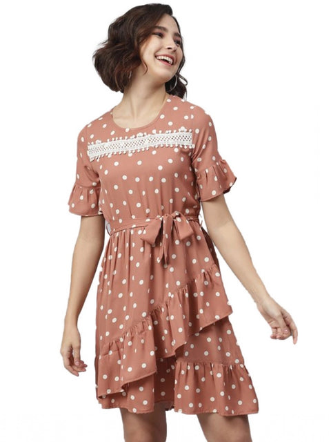 Generic Women's Polyester Polka Bell Sleeve Above Knee Dress (Brown)