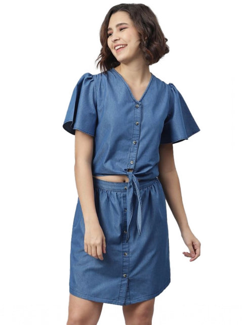 Generic Women's Denim Solid Flutter Above Knee Dress (Blue)