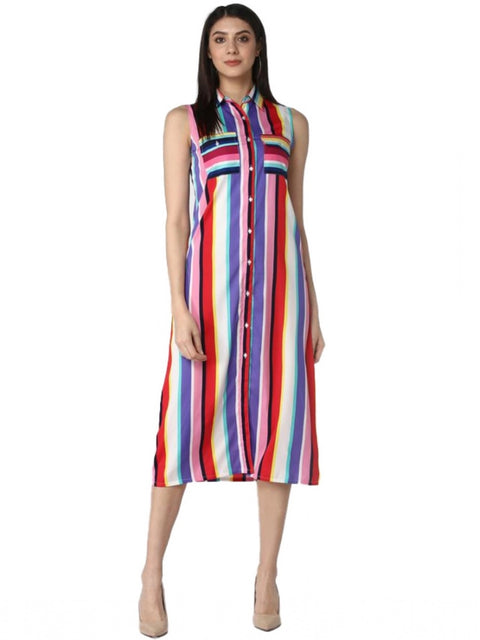 Generic Women's Polyester Striped Sleeveless Calf-length Dress (Multicolor)