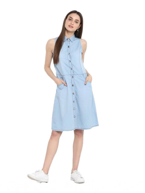 Women's Denim Solid Sleeveless Below Knee Dress (Blue)