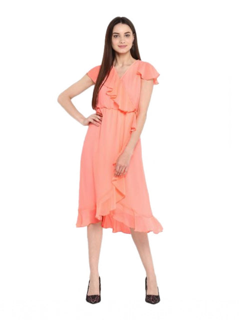 Women's Polyester Ruffled Cap Sleeve Below Knee Dress (Neon Pink)