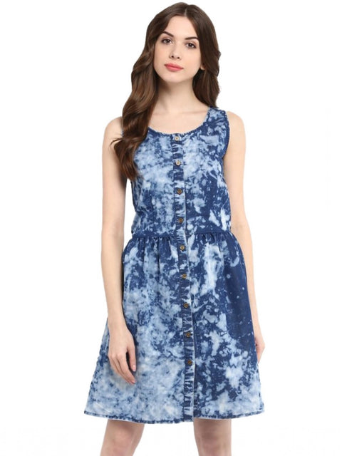 Women's Denim Tie & Dye Sleeveless Above Knee Dress (Blue)