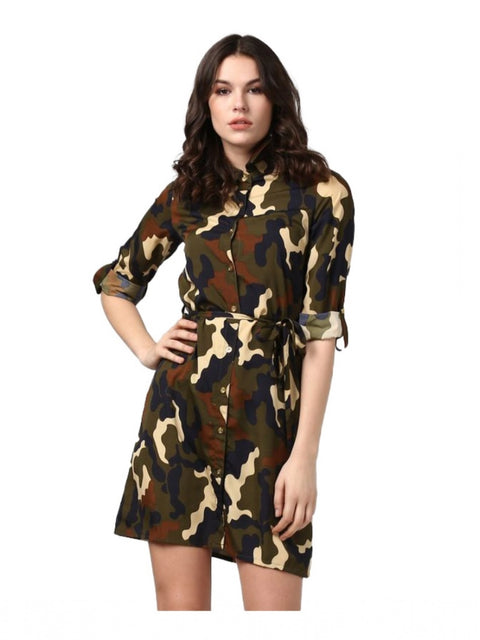 Generic Women's Polyester Printed Roll Up Sleeve Tunic Top (Green - Black)