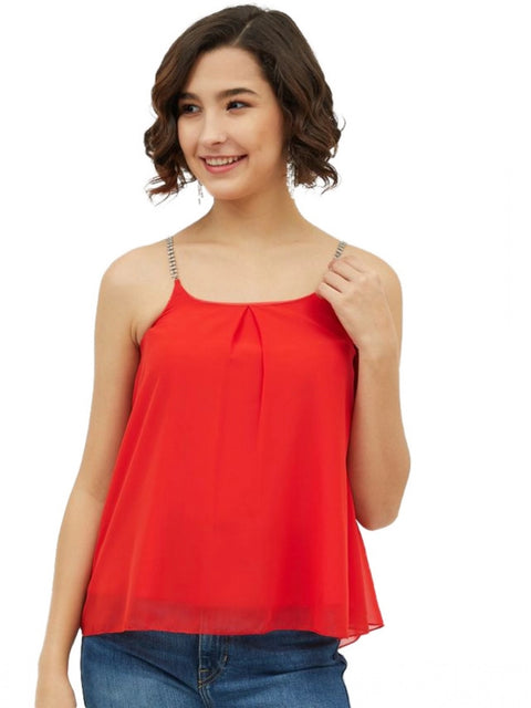 Generic Women's Polyester Embellished Shoulder Straps Top (Red)
