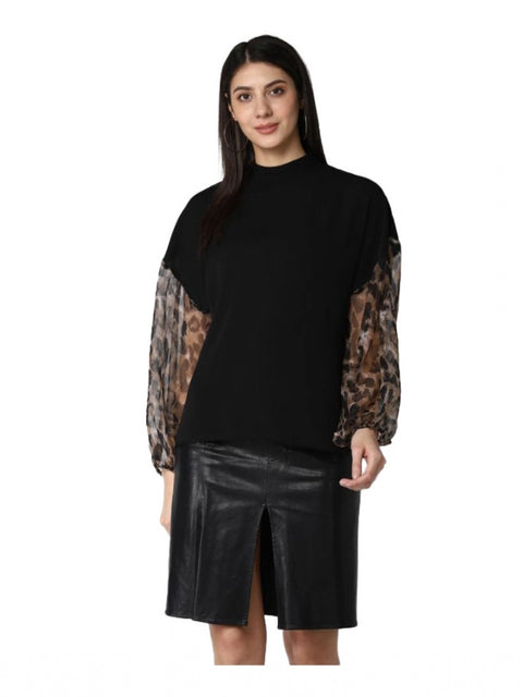 Generic Women's Polyester Animal Print Long Sleeves Top (Black)