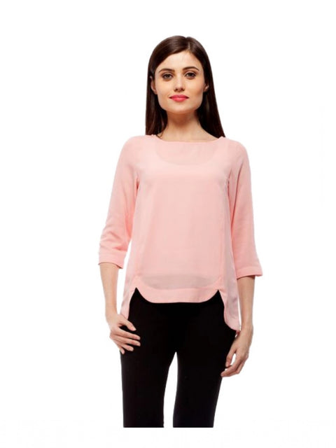 Generic Women's Polyester Solid 3-4th Sleeves Regular Top (Peach)