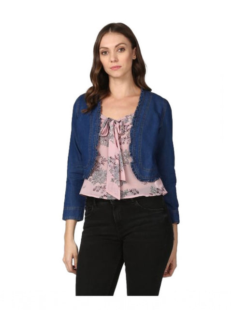 Generic Women's Denim Ruffled Long Sleeves Shrug (Navy Blue)