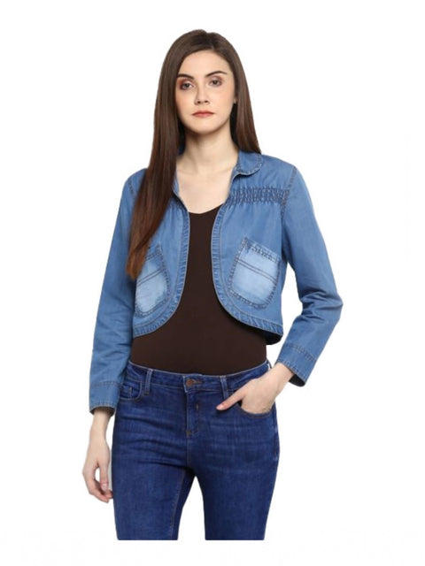 Generic Women's Denim Smocking 3-4th Sleeves Shrug (Blue)