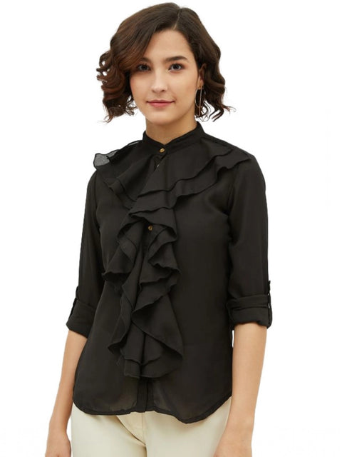 Generic Women's Polyester Ruffled Long Sleeves Standard Length Shirt (Black)