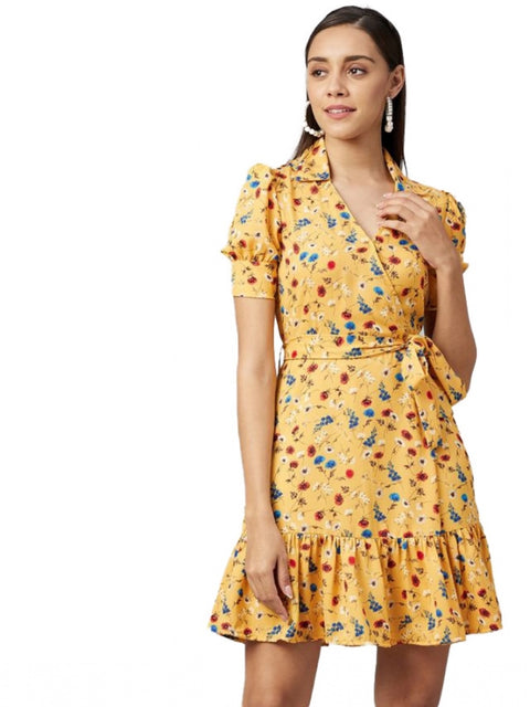 Generic Women's Polyester Floral Short Sleeve Above Knee Dress (Yellow)