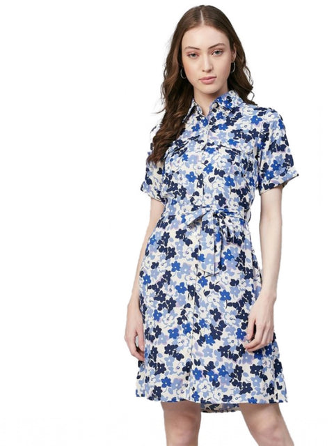 Generic Women's Polyester Floral Short Sleeve Above Knee Dress (Blue - White)