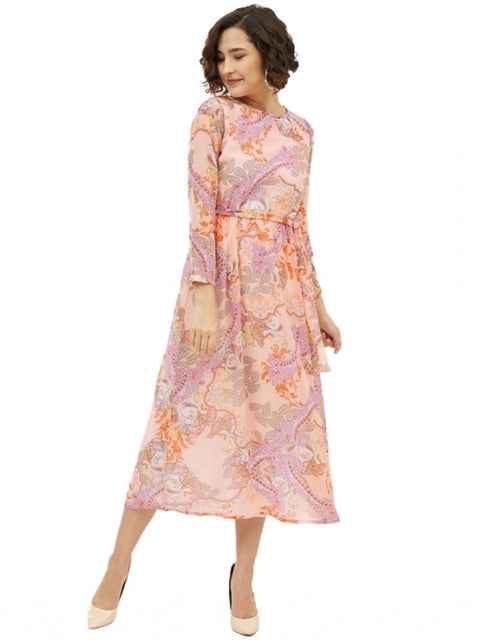 Generic Women's Polyester Printed Long Sleeves Calf-length Dress (Multicolor)