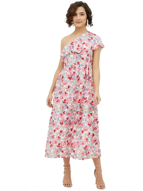 Generic Women's Polyester Floral One Shoulder Calf-length Dress (Multicolor)