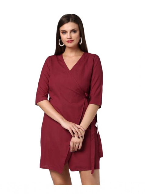Generic Women's Cotton Solid 3-4th Sleeves Above Knee Dress (Maroon)