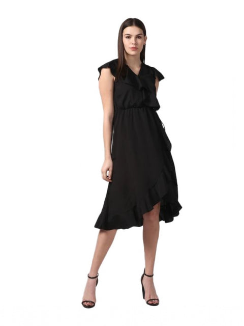 Generic Women's Polyester Ruffled Cap Sleeve Knee-Length Dress (Black)