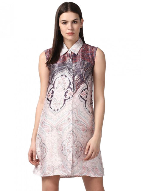 Generic Women's Polyester Printed Sleeveless Above Knee Dress (Orange)
