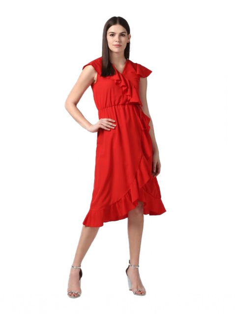 Generic Women's Polyester Ruffled Cap Sleeve Knee-Length Dress (Red)