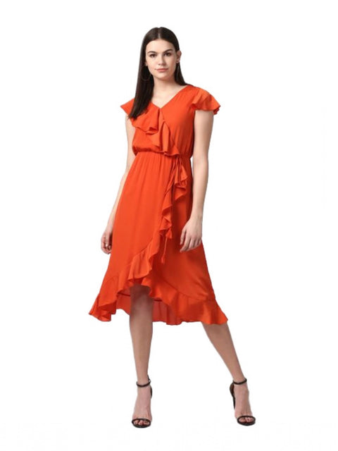 Generic Women's Polyester Ruffled Cap Sleeve Knee-Length Dress (Orange)