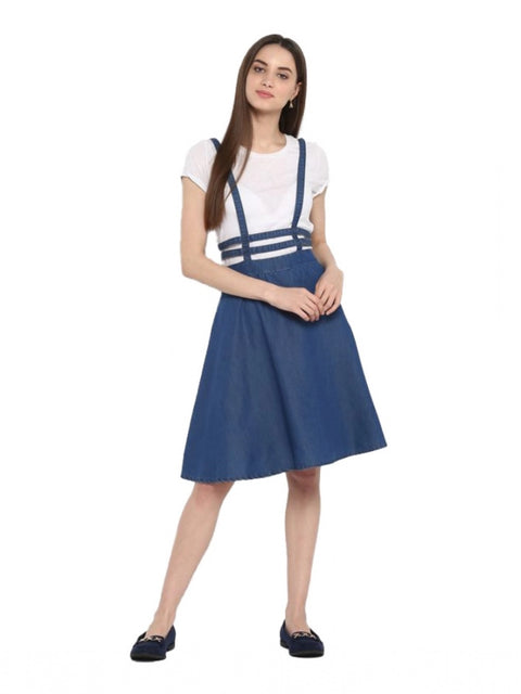 Generic Women's Denim Solid Shoulder Straps Below Knee Dress (Blue)