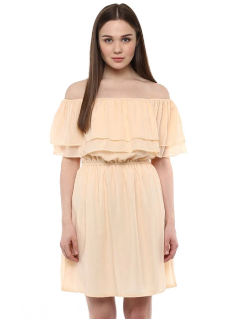 Women's Polyester Solid Sleeveless Knee-Length Dress (Beige)