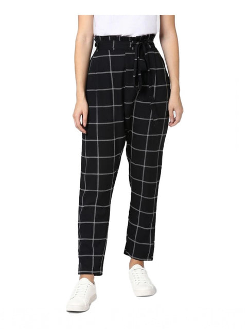 Generic Women's Polyester Checkered Elasticated Trousers (Black - White)