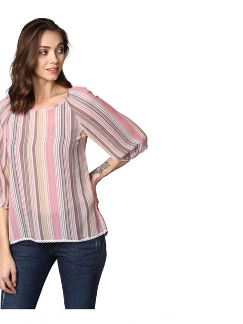 Generic Women's Polyester Striped 3-4th Sleeves Top (Pink)