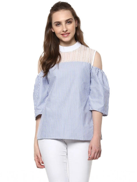 Generic Women's Cotton Striped Cold Shoulder Top (Blue)