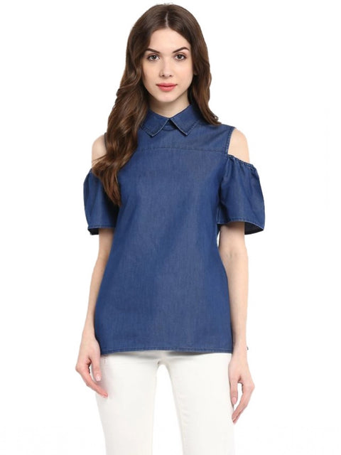 Generic Women's Denim Solid Cold Shoulder Regular Top (Blue)