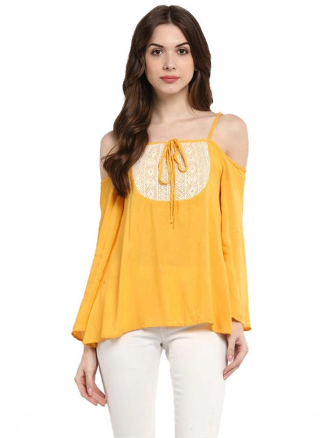 Generic Women's Rayon Embellished Cold Shoulder Regular Top (Mustard Yellow)