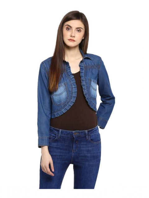 Generic Women's Denim Pleated 3-4th Sleeves Shrug (Blue)