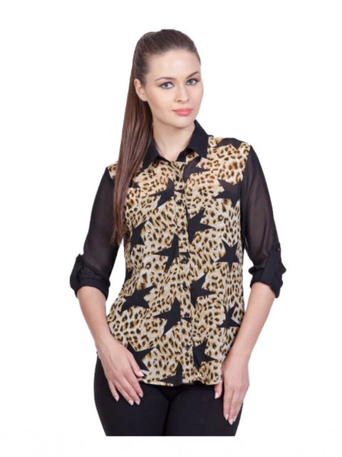 Generic Women's Polyester Printed Roll Up Sleeve Standard Length Shirt (Black)