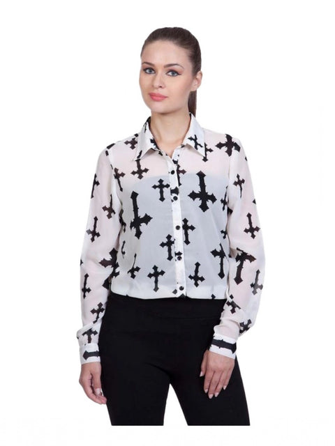 Generic Women's Polyester Printed Long Sleeves Standard Length Shirt (White)
