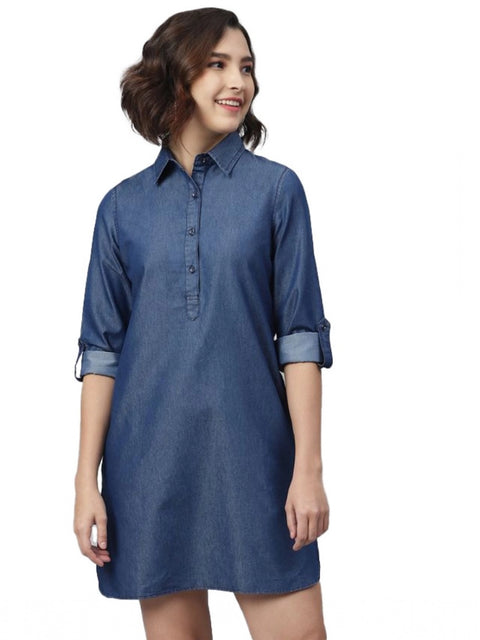 Generic Women's Denim Solid Long Sleeves Above Knee Dress (Navy Blue)