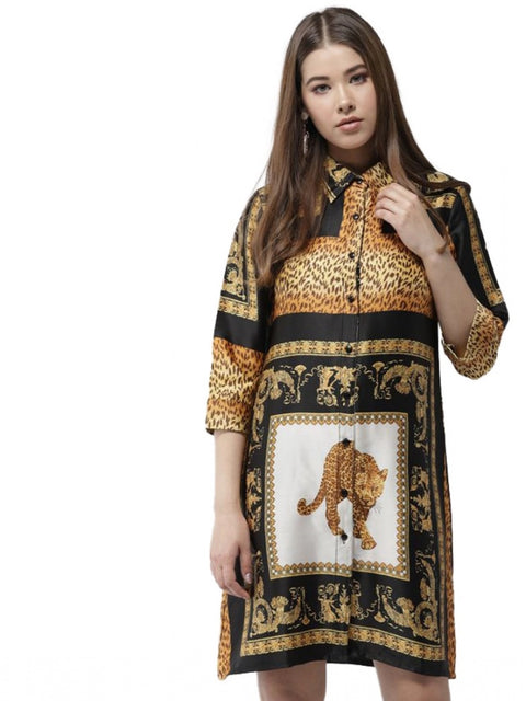Generic Women's Satin Animal Print 3-4th Sleeves Above Knee Dress (White - Orange)
