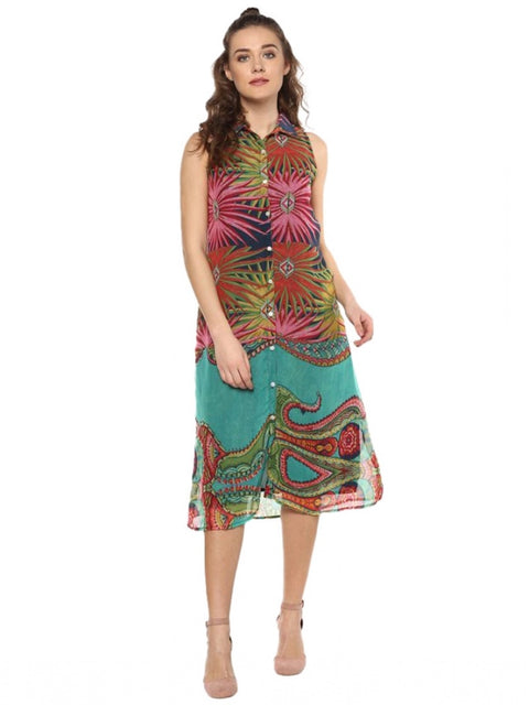 Women's Polyester Floral Sleeveless Below Knee Dress (Multicolor)