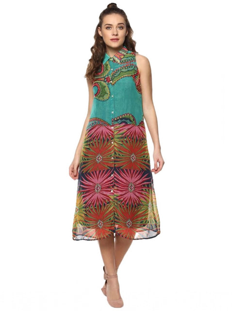 Women's Polyester Floral Sleeveless Below Knee Dress (Multicolor)