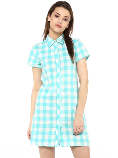 Women's Rayon Checkered Short Sleeve Above Knee Dress (SkuBlue - White)