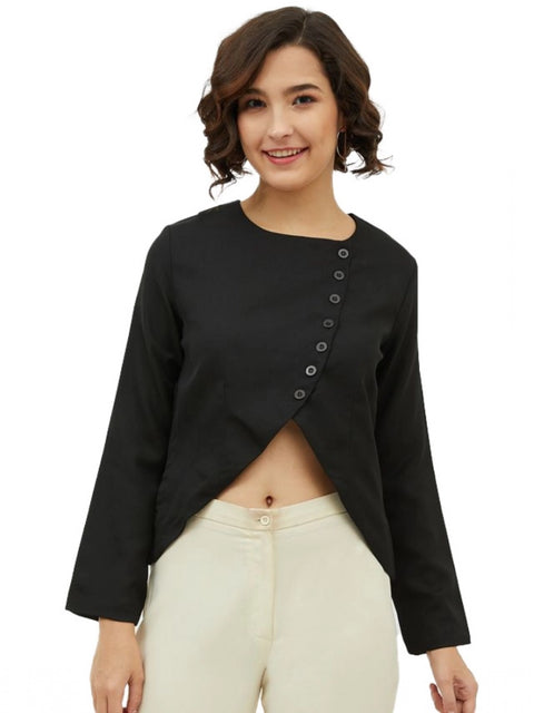 Generic Women's Polyester Asymmetrical Long Sleeves Top (Black)