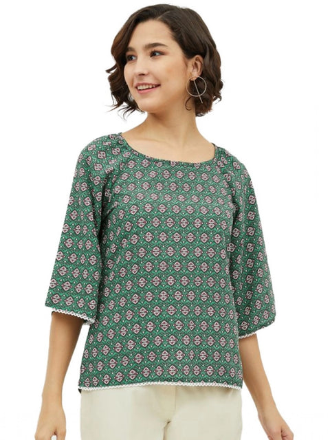 Generic Women's Polyester Printed 3-4th Sleeves Top (Green)