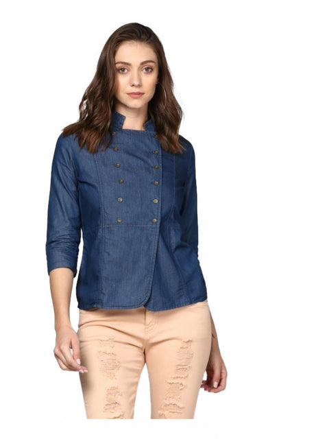 Generic Women's Denim Solid 3-4th Sleeves Top (Blue)
