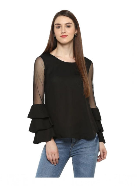 Generic Women's Polyester Solid Tier Sleeve Top (Black)