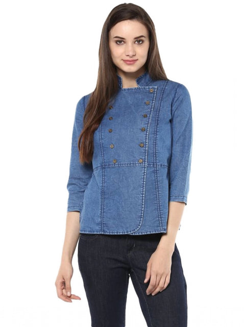 Generic Women's Denim Solid 3-4th Sleeves Regular Top (Blue)