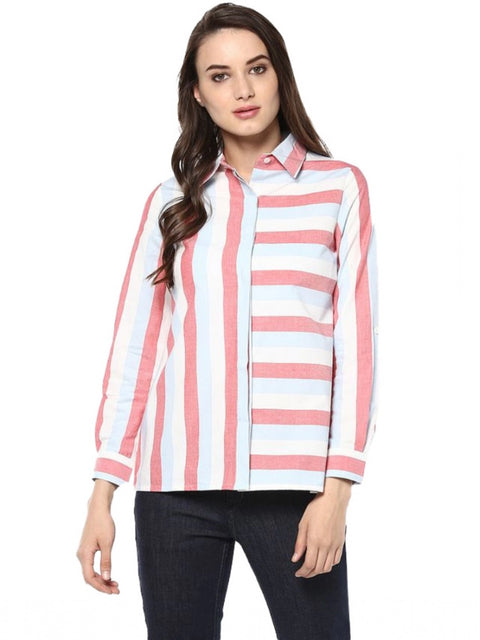 Generic Women's Cotton Striped Roll Up Sleeve Regular Top (Red)