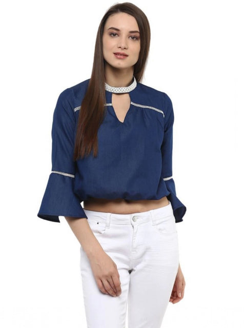 Generic Women's Polyester Solid Bell Sleeve Regular Top (Blue)
