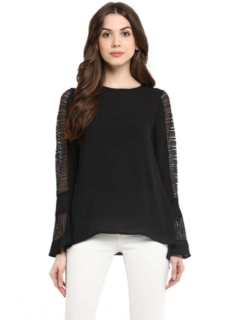 Generic Women's Polyester Georgette Self Design Bell Sleeve Regular Top (Black)