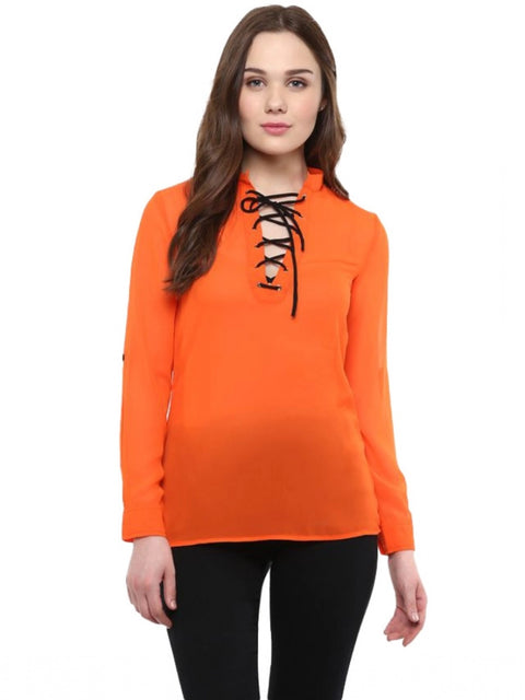 Generic Women's Polyester Solid Long Sleeves Regular Top (Orange)